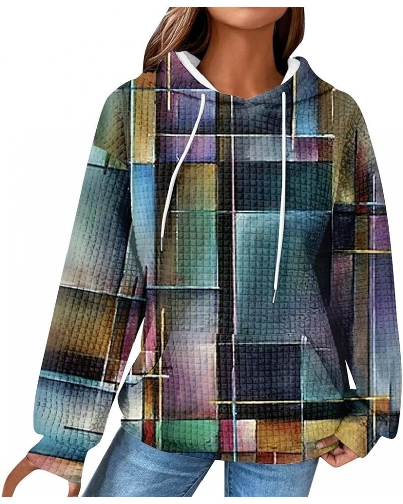 Plus Size Tops for Women Waffle Printing Shirts Drawstring Long Sleeve Hoodies Casual Loose Sweatshirts with Pocket 1-sky Blu...