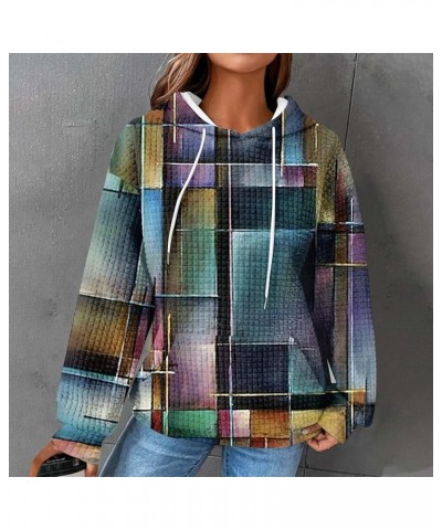 Plus Size Tops for Women Waffle Printing Shirts Drawstring Long Sleeve Hoodies Casual Loose Sweatshirts with Pocket 1-sky Blu...