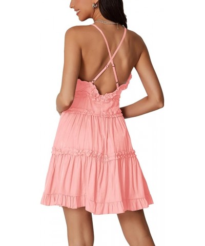 Women's Strappy V Neck Backless Frill Sleeveless Tiered Ruffle Hem A Line Mini Dress Pink $19.60 Dresses