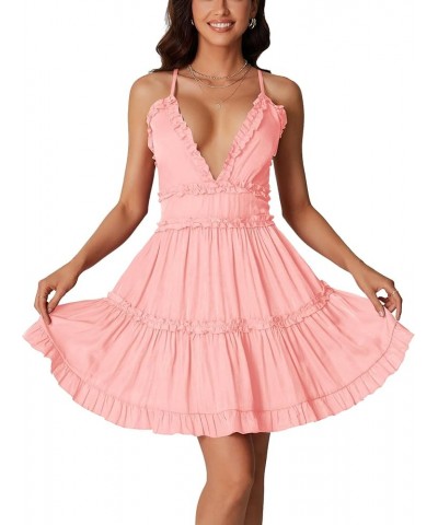 Women's Strappy V Neck Backless Frill Sleeveless Tiered Ruffle Hem A Line Mini Dress Pink $19.60 Dresses