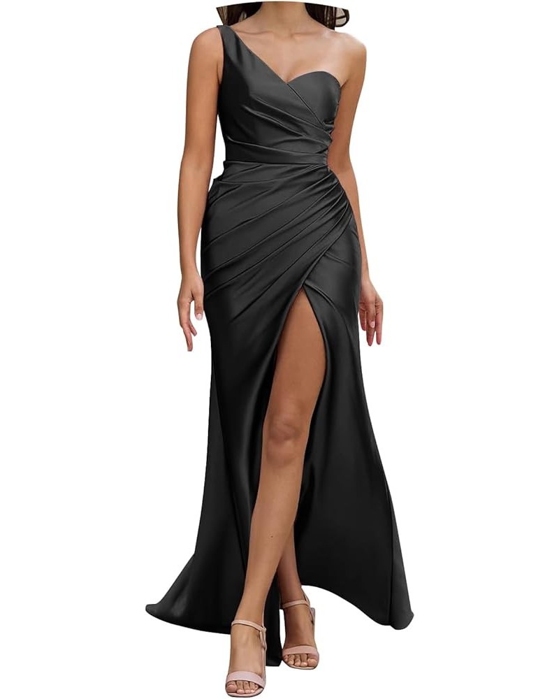 One Shoulder Bridesmaid Dresses for Women 2024 Long Slit Satin Mermaid Prom Dresses Black $34.50 Dresses