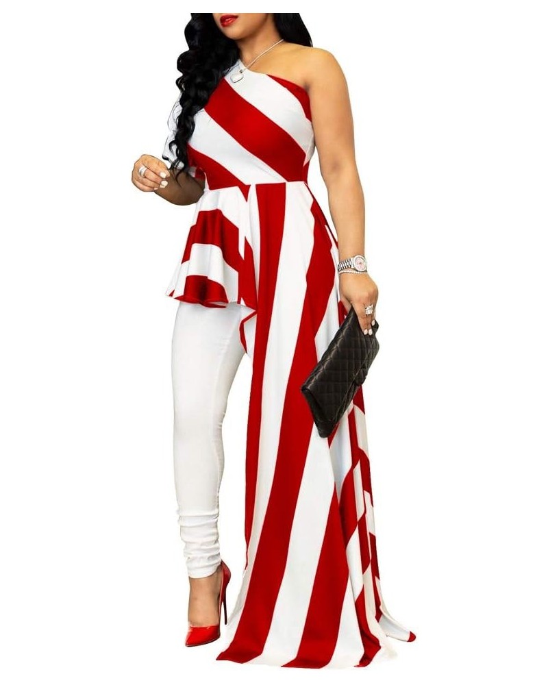 Womens Sexy One Shoulder Striped High Low Irregular Tunic Tops Maxi Dress Red $17.33 T-Shirts
