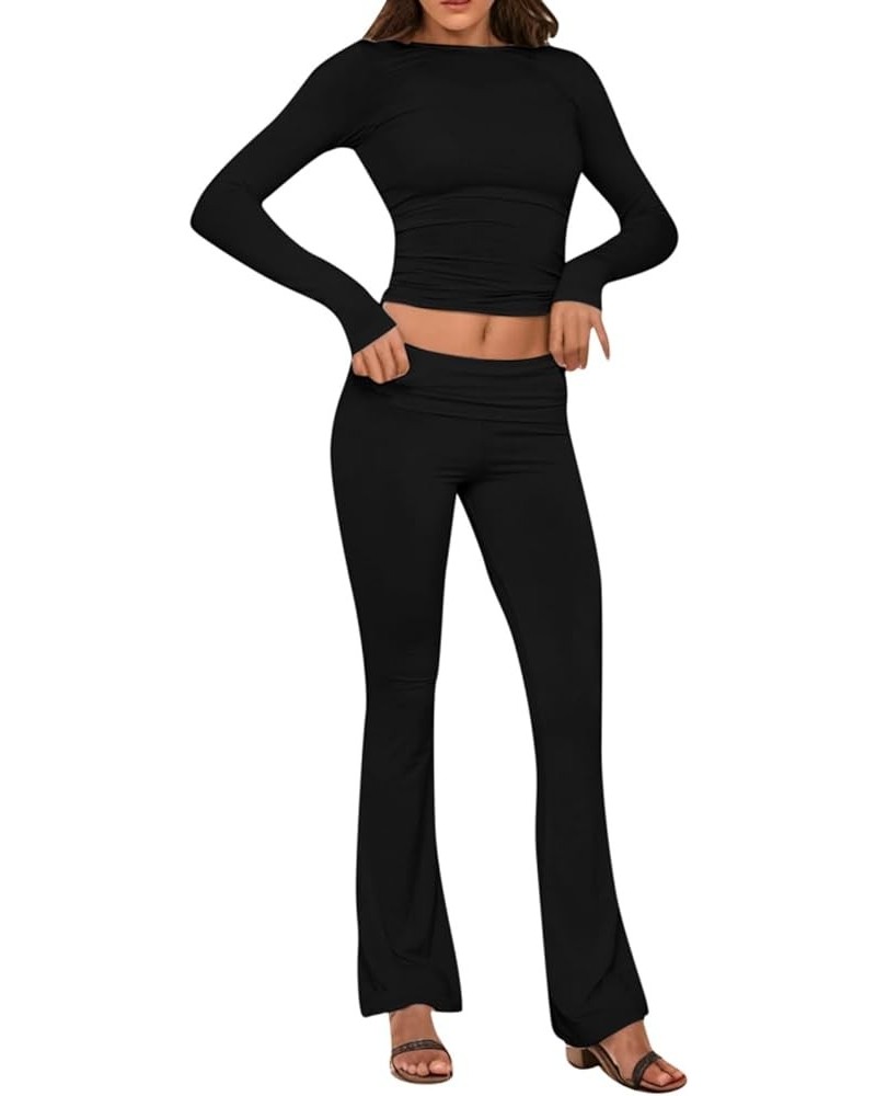 Womens Pajamas 2 Piece Lounge Set Solid Long Sleeve Crop Tops and Fold-over Flare Pants Yoga 2024 Casual Outfits 1-black $15....