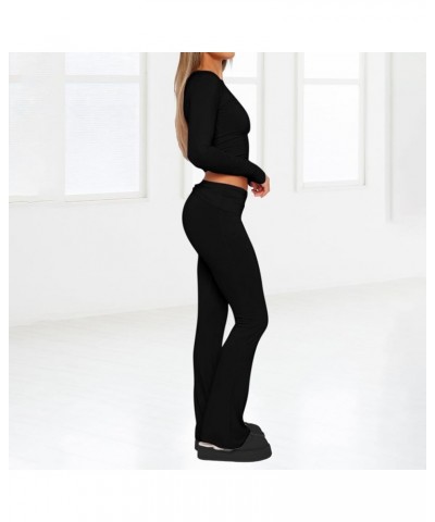 Womens Pajamas 2 Piece Lounge Set Solid Long Sleeve Crop Tops and Fold-over Flare Pants Yoga 2024 Casual Outfits 1-black $15....
