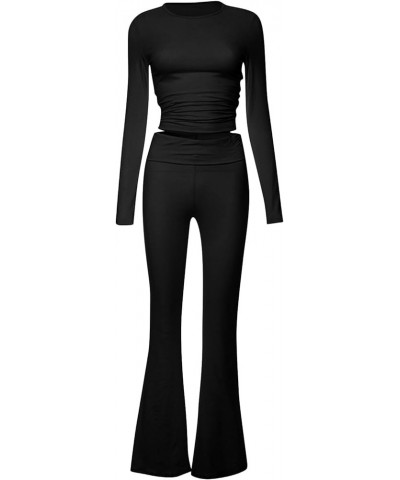 Womens Pajamas 2 Piece Lounge Set Solid Long Sleeve Crop Tops and Fold-over Flare Pants Yoga 2024 Casual Outfits 1-black $15....