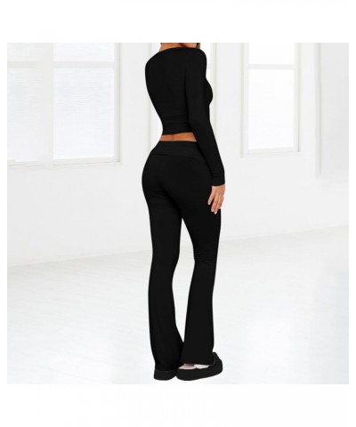 Womens Pajamas 2 Piece Lounge Set Solid Long Sleeve Crop Tops and Fold-over Flare Pants Yoga 2024 Casual Outfits 1-black $15....