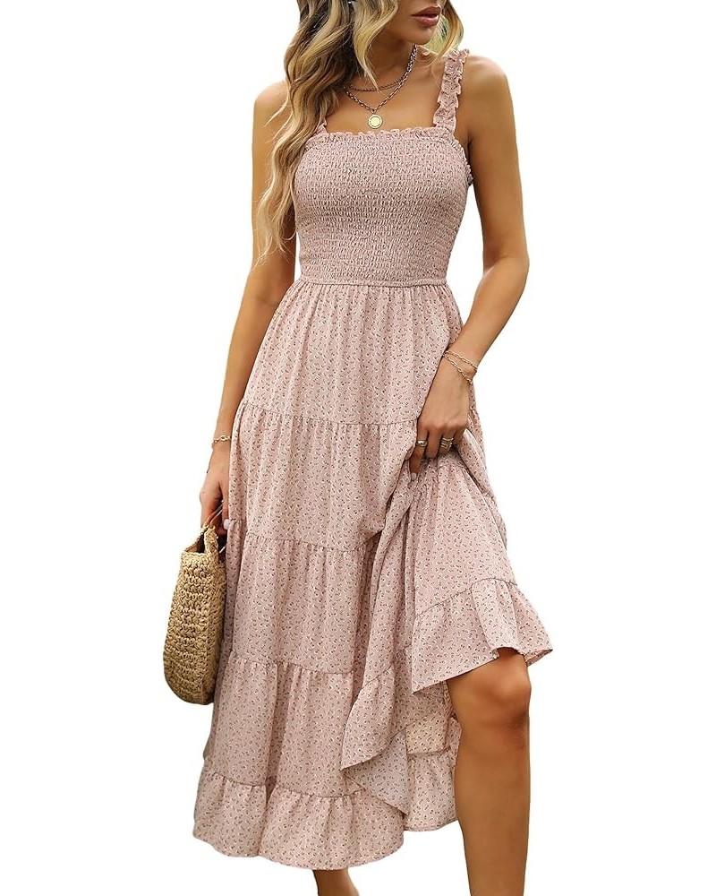 Women's Summer Boho Dress Floral Print Spaghetti Strap Square Neck Shirred Maxi Dress Beach Sun Dress Pink Frill $26.87 Dresses