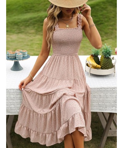 Women's Summer Boho Dress Floral Print Spaghetti Strap Square Neck Shirred Maxi Dress Beach Sun Dress Pink Frill $26.87 Dresses