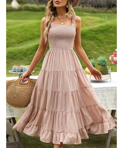 Women's Summer Boho Dress Floral Print Spaghetti Strap Square Neck Shirred Maxi Dress Beach Sun Dress Pink Frill $26.87 Dresses