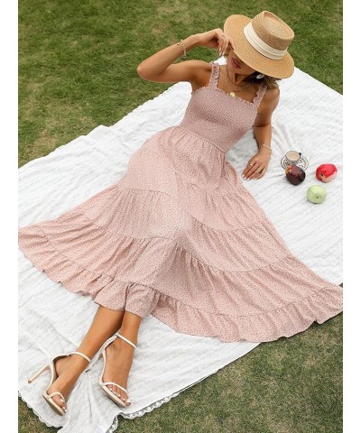 Women's Summer Boho Dress Floral Print Spaghetti Strap Square Neck Shirred Maxi Dress Beach Sun Dress Pink Frill $26.87 Dresses