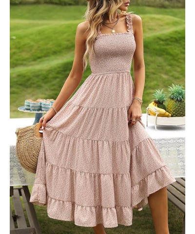 Women's Summer Boho Dress Floral Print Spaghetti Strap Square Neck Shirred Maxi Dress Beach Sun Dress Pink Frill $26.87 Dresses