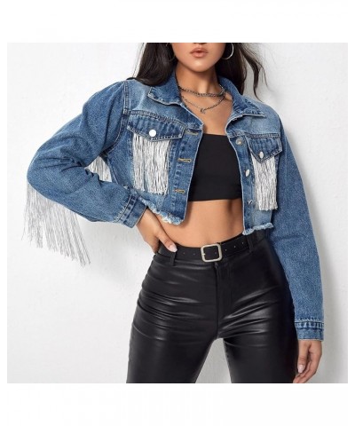 Women’s Fringe Jacket Long Sleeve Button Up Cropped Cowgirl Tassel Denim Jean Jackets 01 Dark Blue $23.40 Jackets