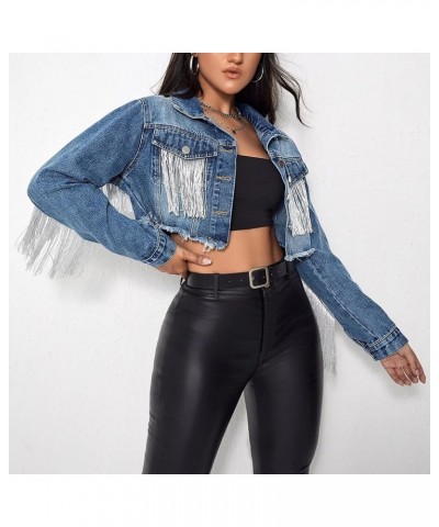 Women’s Fringe Jacket Long Sleeve Button Up Cropped Cowgirl Tassel Denim Jean Jackets 01 Dark Blue $23.40 Jackets