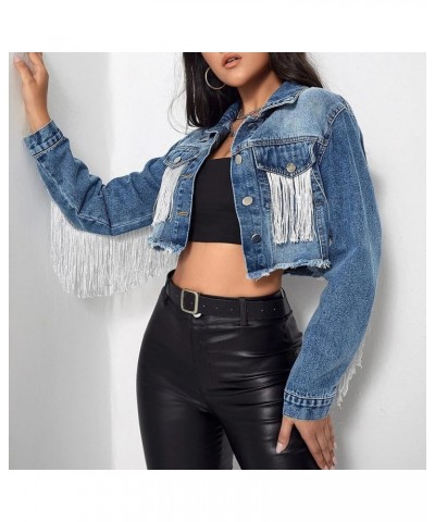 Women’s Fringe Jacket Long Sleeve Button Up Cropped Cowgirl Tassel Denim Jean Jackets 01 Dark Blue $23.40 Jackets