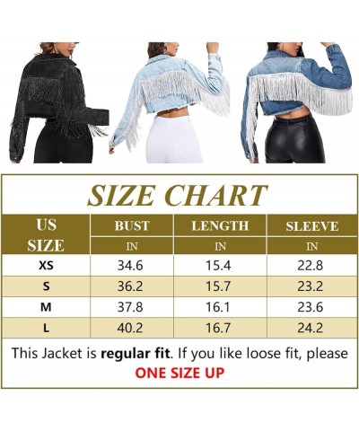 Women’s Fringe Jacket Long Sleeve Button Up Cropped Cowgirl Tassel Denim Jean Jackets 01 Dark Blue $23.40 Jackets