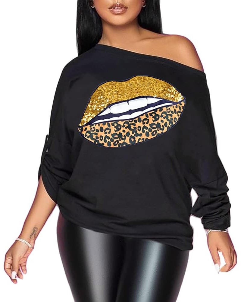 Womens Off The Shoulder Tops Sexy Shiny Queen Shirts Long/Short Sleeves Fashion Graphic Sequined T-Shirts Blouses Black+ Gold...