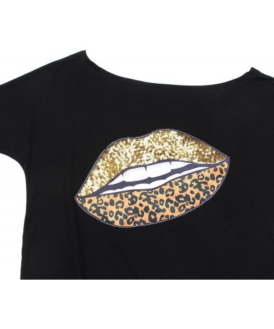 Womens Off The Shoulder Tops Sexy Shiny Queen Shirts Long/Short Sleeves Fashion Graphic Sequined T-Shirts Blouses Black+ Gold...