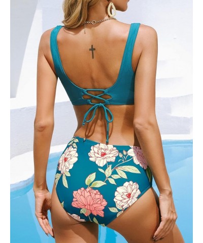High Waisted Bikini Women Bikini Sets Wrap Front Wide Straps Back Tie Floral Bottom Blue $13.48 Swimsuits