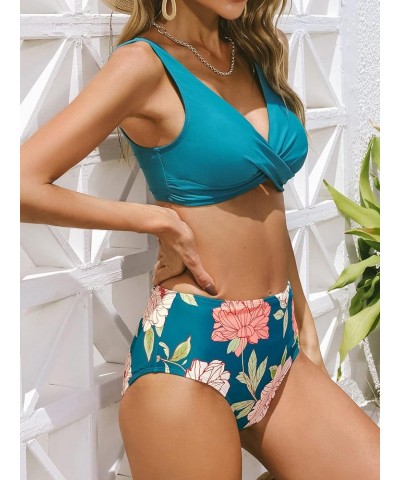 High Waisted Bikini Women Bikini Sets Wrap Front Wide Straps Back Tie Floral Bottom Blue $13.48 Swimsuits