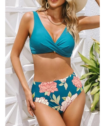 High Waisted Bikini Women Bikini Sets Wrap Front Wide Straps Back Tie Floral Bottom Blue $13.48 Swimsuits