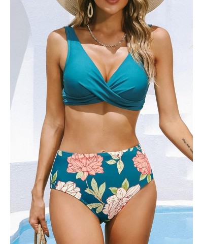 High Waisted Bikini Women Bikini Sets Wrap Front Wide Straps Back Tie Floral Bottom Blue $13.48 Swimsuits