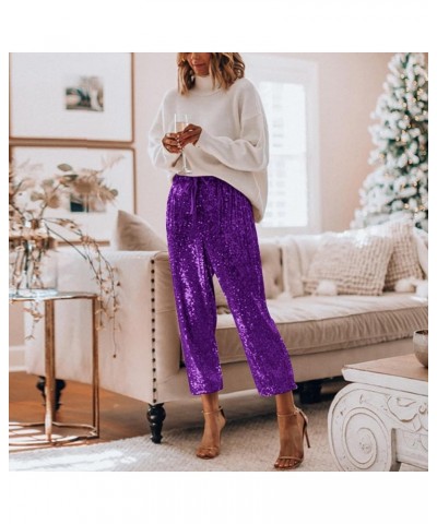 Sequin Pants Women Straight Leg Glitter Sequin Pants Sparkly Loose Trousers Shiny Dance Bling Party Clubwear Pants Z52-purple...