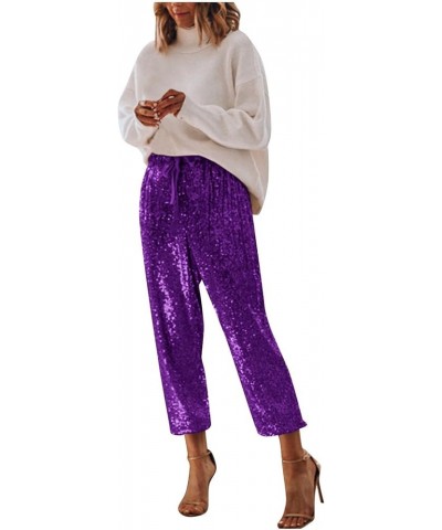 Sequin Pants Women Straight Leg Glitter Sequin Pants Sparkly Loose Trousers Shiny Dance Bling Party Clubwear Pants Z52-purple...