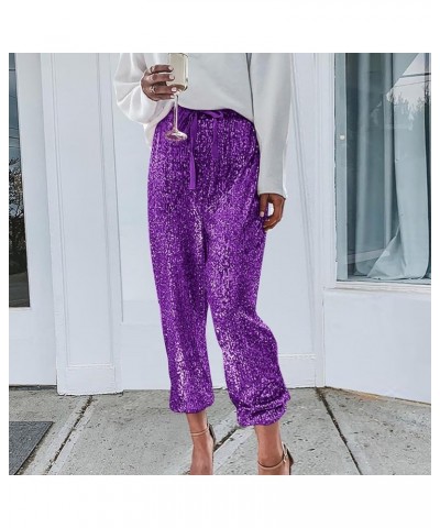 Sequin Pants Women Straight Leg Glitter Sequin Pants Sparkly Loose Trousers Shiny Dance Bling Party Clubwear Pants Z52-purple...