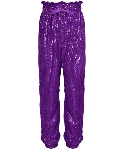 Sequin Pants Women Straight Leg Glitter Sequin Pants Sparkly Loose Trousers Shiny Dance Bling Party Clubwear Pants Z52-purple...