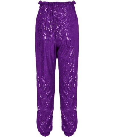 Sequin Pants Women Straight Leg Glitter Sequin Pants Sparkly Loose Trousers Shiny Dance Bling Party Clubwear Pants Z52-purple...