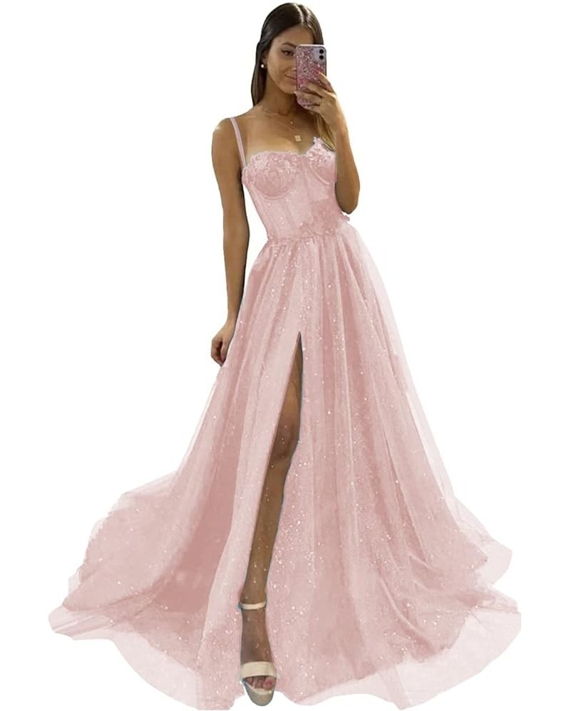 Flower Sparkly Tulle Long Prom Dresses for Teens Spaghetti Straps Sweetheart Formal Evening Ball Gown with Slit Blush $39.90 ...
