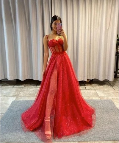 Flower Sparkly Tulle Long Prom Dresses for Teens Spaghetti Straps Sweetheart Formal Evening Ball Gown with Slit Blush $39.90 ...