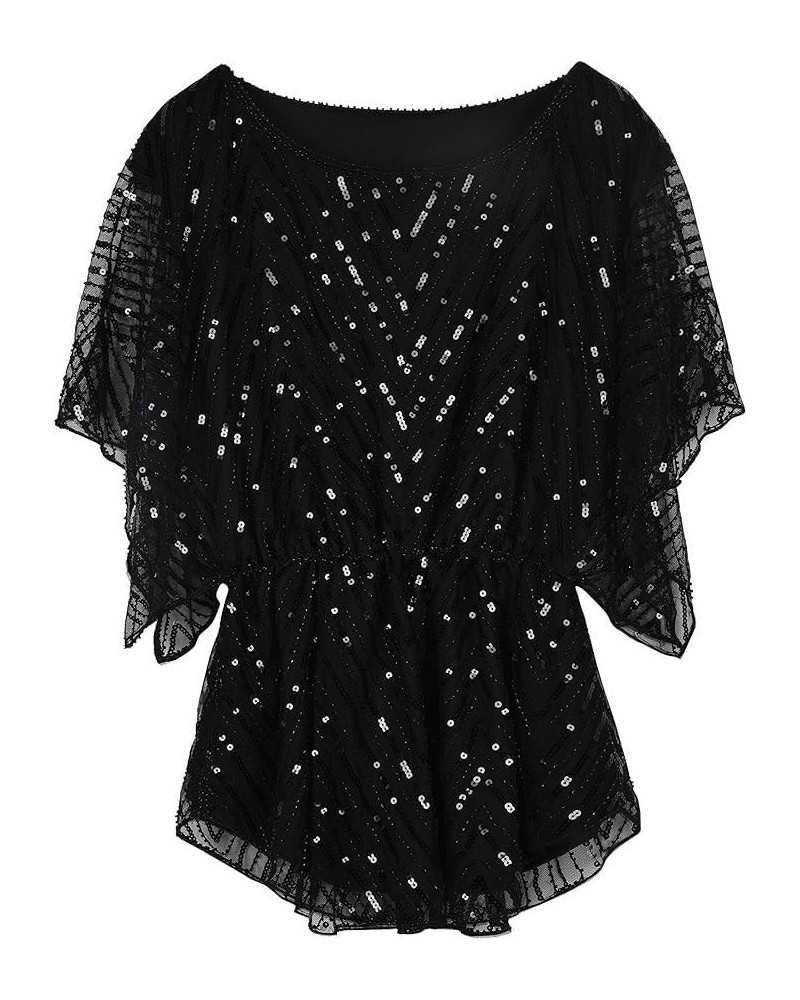Women's Sequin Blouse Tops Sparkly Beaded Evening Formal Party Dressy Tops Black $30.15 Blouses