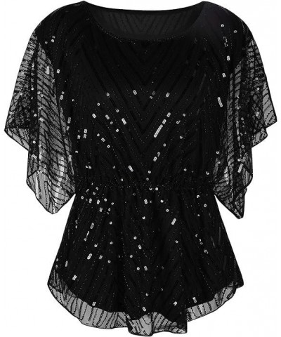 Women's Sequin Blouse Tops Sparkly Beaded Evening Formal Party Dressy Tops Black $30.15 Blouses