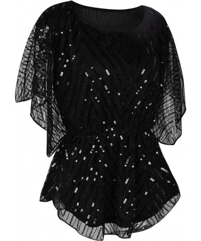 Women's Sequin Blouse Tops Sparkly Beaded Evening Formal Party Dressy Tops Black $30.15 Blouses