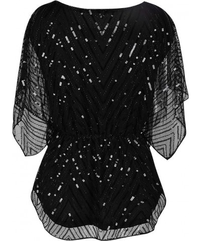 Women's Sequin Blouse Tops Sparkly Beaded Evening Formal Party Dressy Tops Black $30.15 Blouses