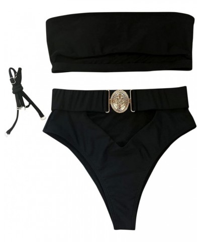 Women 2 Piece Sexy Underboob Cut Out Bikini Swimwear Silver Leather Patchwork Bathing Suit Black $17.97 Swimsuits