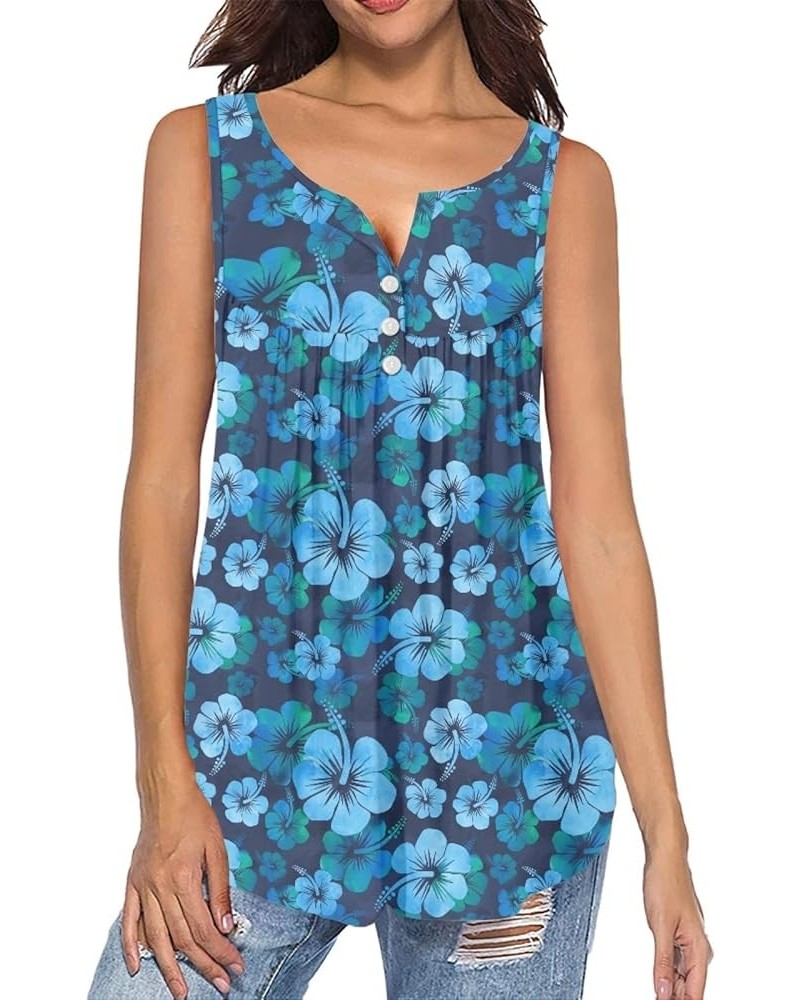 Women Henley Shirts Loose Casual Beach Tops, Sleeveless Tank Tops Summer Tunic Blouses S-4XL Hibiscus Flowers Blue $13.23 Swi...