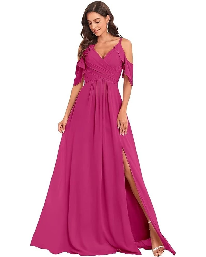 Off Shoulder Chiffon Bridesmaid Dresses for Wedding with Slit Cold Shoulder Prom Dress Pleated Wedding Party Gown Hot Pink $2...