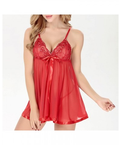 Lingerie for Women Lace Lingeries Chemise V Neck Nightwear Sexy Mesh Sleepwear Plus Size Boudoir Teddy Nightdress Red $3.77 L...