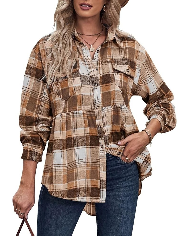 Women's Plaid Shirts Jacket Long Sleeve Oversized Button Down Peplum Casual Babydoll Tunic Tops Blouses Brown $11.60 Blouses