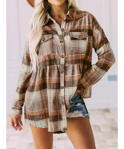 Women's Plaid Shirts Jacket Long Sleeve Oversized Button Down Peplum Casual Babydoll Tunic Tops Blouses Brown $11.60 Blouses