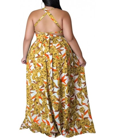 Womens Plus Size Halter Neck Sleeveless Cut Out Floral Print Side Slit Maxi Dress M Yellow $17.98 Dresses