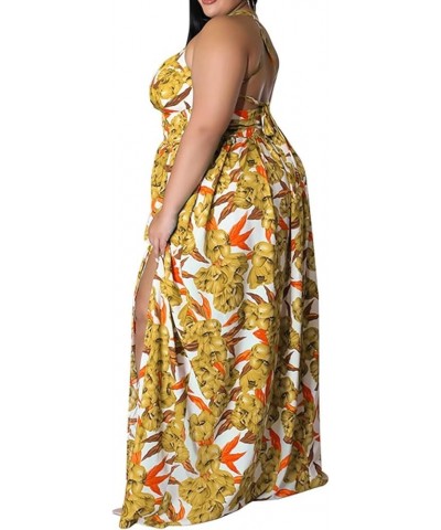 Womens Plus Size Halter Neck Sleeveless Cut Out Floral Print Side Slit Maxi Dress M Yellow $17.98 Dresses