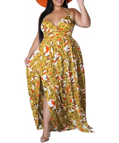 Womens Plus Size Halter Neck Sleeveless Cut Out Floral Print Side Slit Maxi Dress M Yellow $17.98 Dresses