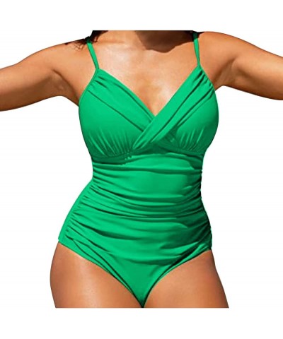 One Piece Swimsuit Women Sexy Deep V Neck Bathing Suits Trendy Ruched Push up Swimwear Casual High Waist Swim Suit 06-green $...