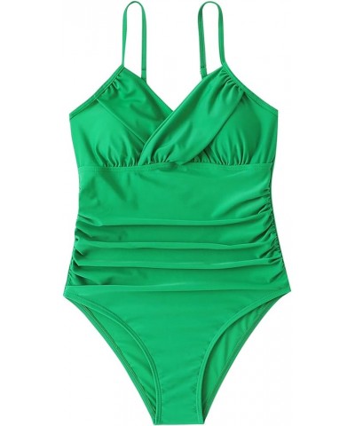 One Piece Swimsuit Women Sexy Deep V Neck Bathing Suits Trendy Ruched Push up Swimwear Casual High Waist Swim Suit 06-green $...