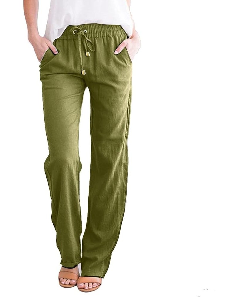 Women's Cotton Linen Palazzo Pants Flowy Drawstring Elastic Waisted Wide Leg Long Lounge Trousers Comfy Boho Capri Pants 1a6-...