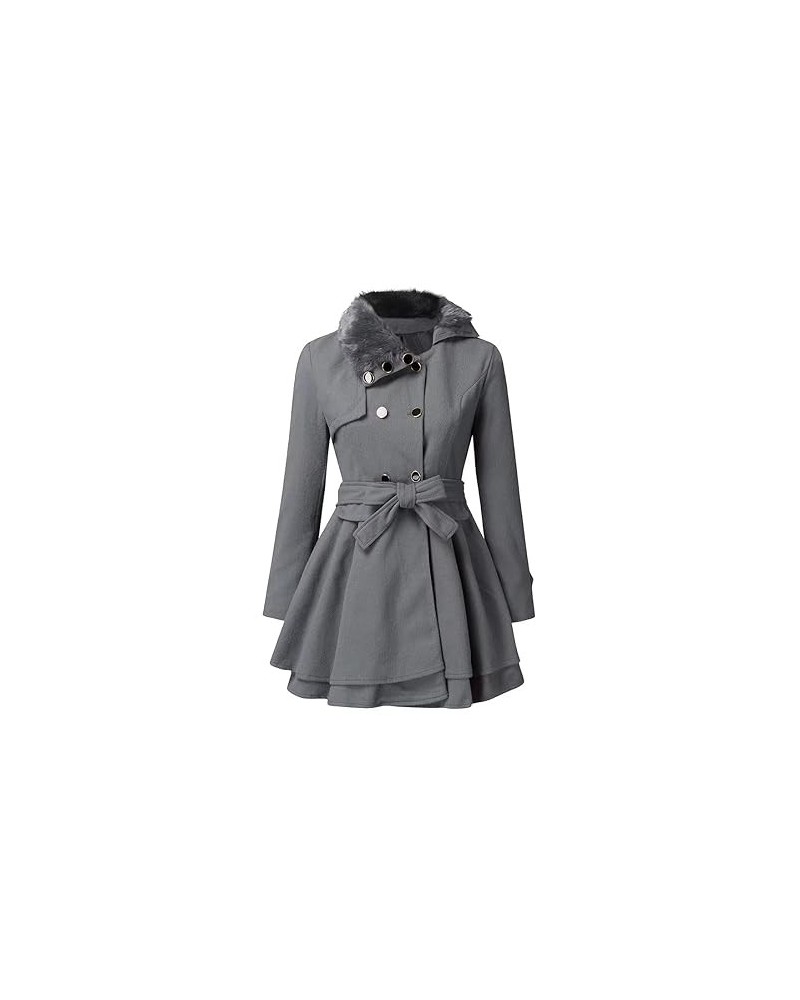 Double Breasted Faux Fur Collar Jacket Lapel Pea Coats for Women Winter Long Trench Coat with Belt Elegant Swing Coat 3X-Larg...