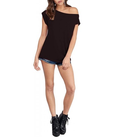 Women's Casual Off Shoulder Tops Short Sleeve T Shirts Loose Sexy Tank Tops Blouses Chocolate $16.23 Blouses